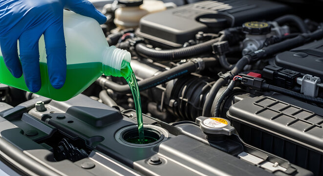 Close-up of pouring blue windshield washer fluid into a car's reservoir during vehicle maintenance.
