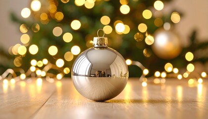 Golden bokeh glow with a shiny champagne Christmas bauble on warm wood, twinkling fairy lights and a softly lit tree in the background