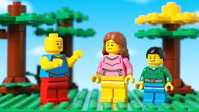 Happy family of building-block characters outdoors, shallow DOF