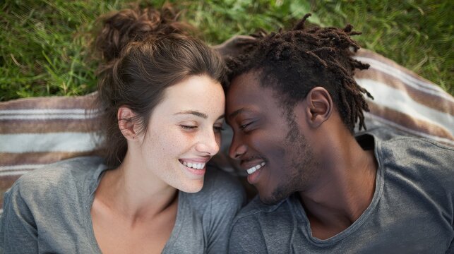 young multiethnic couple lying on blanket on grass latin woman with her african boyfriend relaxing on picnic blanket outdoor mature happy couple in love lying on grass with copy space no logos no bra