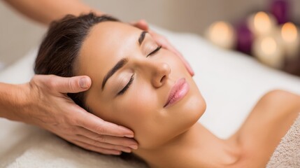 Fototapeta premium health beauty resort and relaxation concept beautiful woman with closed eyes in spa salon getting massage no logos no brands ar 169