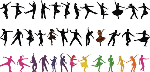 Dance silhouettes, colorful dancer poses, expressive movement, black and vibrant figures, artistic composition, isolated, vector graphic, white background, performance art