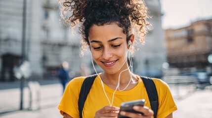 fitness sport and technology concept young african american woman with wireless earphones listening to music on smartphone outdoors no logos no brands ar 169