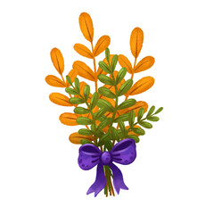 Bouquet of autumn leaves with a purple bow. Illustration drawn in a simple watercolor style.