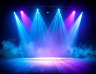 Smoky stage with three spotlights casting blue and purple light on a wooden floor