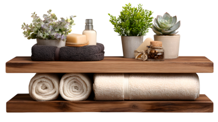 Serene spa essentials neatly arranged on a wooden shelf, evoking calm and relaxation for a luxurious wellness experience.