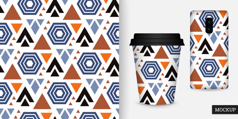 Geometric seamless pattern. Abstract background with colorful geometric shapes. Repeating texture. Vector illustration. Design for paper, wallpaper, fabric. Mockup.