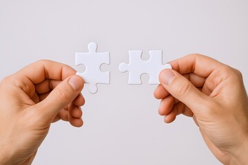 Connecting Ideas: Hands Holding Two White Puzzle Pieces Ready to Join, Isolated on White