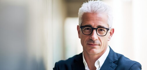 The confident businessman with glasses poses in a professional setting.