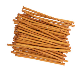 heap of salty cracker pretzel sticks isolated on white background