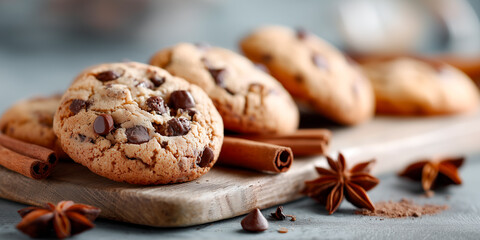 Fototapeta premium Warm, freshly baked chocolate chip cookies are beautifully arranged on a rustic wooden platter with cinnamon sticks and star anise, creating an inviting treat.