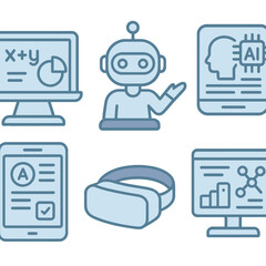 AI in Education Vector Icon Set &mdash; Computer Learning, Robot Tutor, VR Training, Data Analysis, set of vector icons