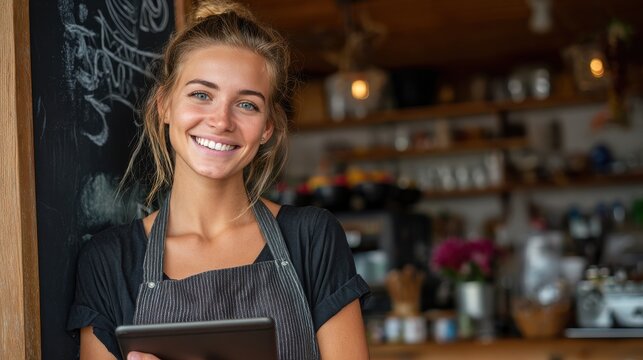 portrait of young happy waitress looking at camera at bar with digital tablet portrait of a young female chef with blackboard in kitchen corner young smiling woman in her small business shop no logos