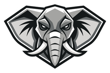 Determined elephant head in monochrome shows massive tusks and intimidating look set against white