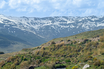 Hiking trail to Mulhacen peak in the spring in Sierra Nevada National Park, Spain