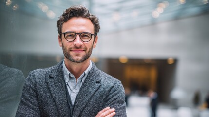 Obraz premium portrait of young businessman wearing eyeglasses and standing outside conference room portrait of happy business man wearing spectacles and looking at camera with copy space satisfied proud man no lo