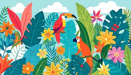 Vibrant tropical birds and flowers