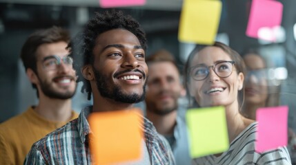 young african american manager and his smiling team brainstorming together with sticky notes on a glass wall during an office meeting no logos no brands ar 169