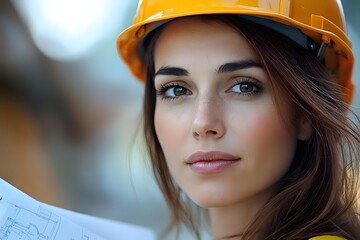 Young female construction engineer in yellow hard hat reviewing blueprints on construction site, confident professional expression and natural makeup.