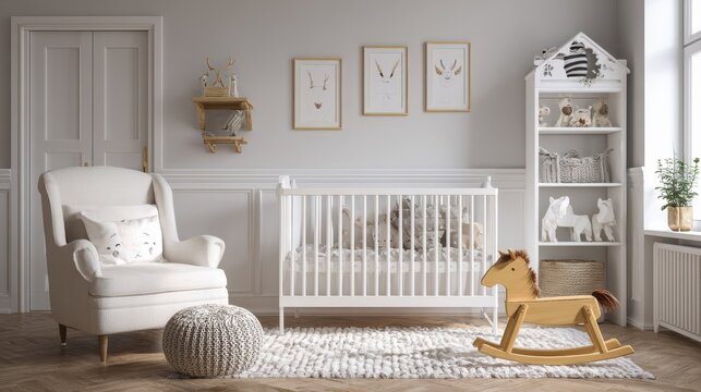 baby room in scandinavian style with rocking horse white cot no logos no brands ar 169