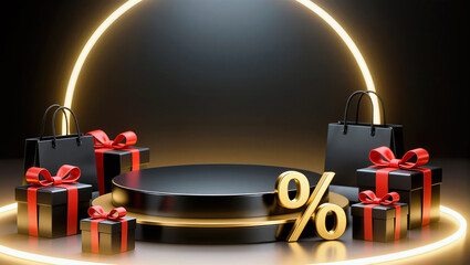 Black Friday Sale Podium with Gifts and Shopping Bags