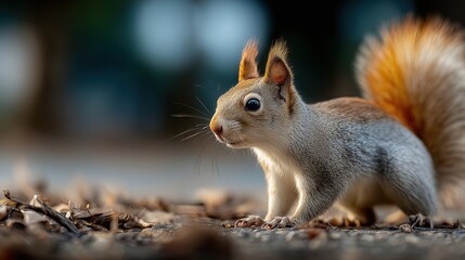 Obraz premium Ecureuil roux adorable en gros plan sur sol automnal avec bokeh naturel