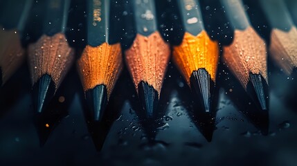 Sharp graphite pencil tips in orange and gray tones arranged in row with water drops and bokeh light effects creating artistic macro photography composition.