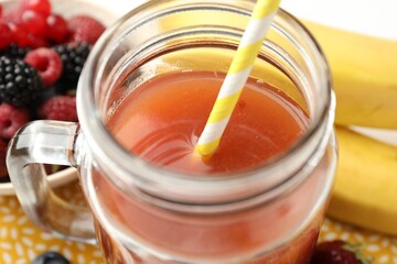 Superfood. Healthy drink in mason jar and ingredients on table, closeup
