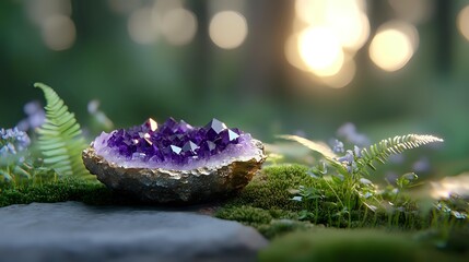 Raw amethyst crystal cluster in natural stone base nestled among green moss and ferns, with soft bokeh sunlight creating magical forest atmosphere.