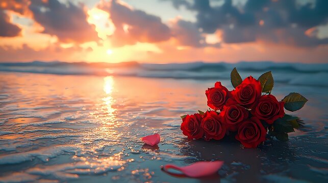 Red roses lying on wet sand at ocean shore during dramatic sunset with golden sun reflection on water surface and pink clouds in sky. Romantic beach scene.