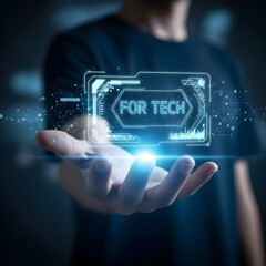 Fototapeta premium Person holding a futuristic holographic display with the words for tech glowing brightly