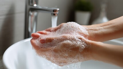 young woman washing cleansing soapy hands in bathroom to prevent coronavirus infection cleaning skin care in foamrubbing hands rinsing with running water covid 19 protection concept close up view no 