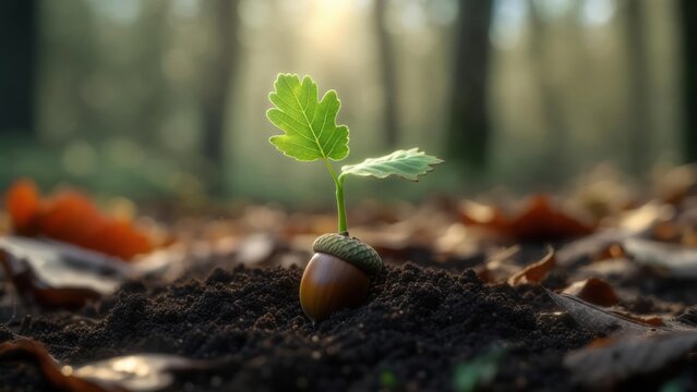 Sprout from acorn in forest floor