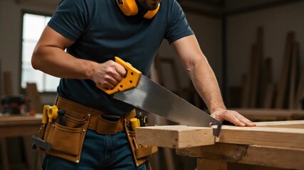 A carpenter man using a manual saw to cut wood in a workshop, wear a tool belt and protective ear clothing.