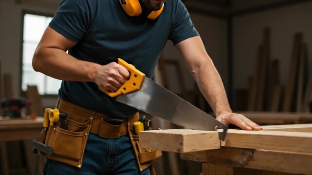 A carpenter man using a manual saw to cut wood in a workshop, wear a tool belt and protective ear clothing.