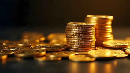 Golden coins stacked with futuristic lighting, saving and invest concept