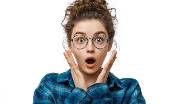 surprised young female student over white background looking at camera  no logos no brands ar 169
