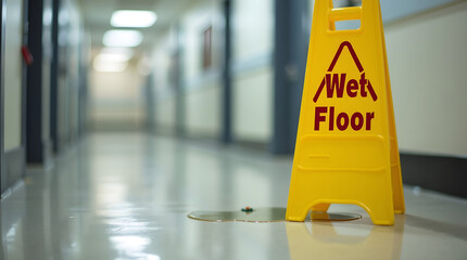 Yellow Wet Floor sign in a hallway with a puddle. Safety warning indicating a slippery surface.