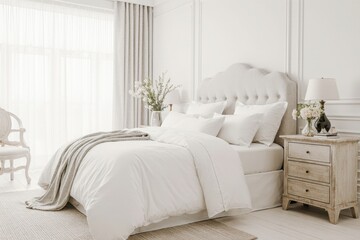 Bright and cozy modern luxury hotel bedroom interior design with white walls	