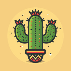 Illustration depicts a stylized green cactus in a decorative pot, with red accents and a yellow background, and additional twinkling