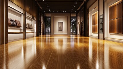 Elegant interior design of a luxury store with warm lighting and wooden floors showcasing high end