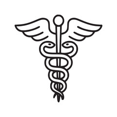 Outline drawing of a caduceus symbol with wings and snakes on a white background in vector format