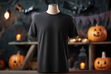Black T-Shirt Mockup in Halloween Scene