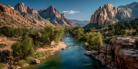Aerial view of red rock canyon with river meanders and layered cliffs in desert