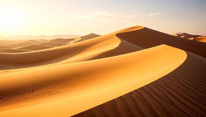 Golden desert dunes under bright sunlight.