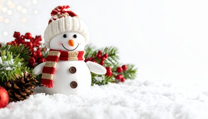 Obraz premium Christmas decorations with a cute snowman figure, pine branches, red berries, pinecones, and snow on a festive winter scene - Space for text