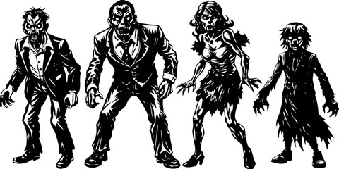 Fototapeta premium Black and White Zombie Silhouettes Vector Collection