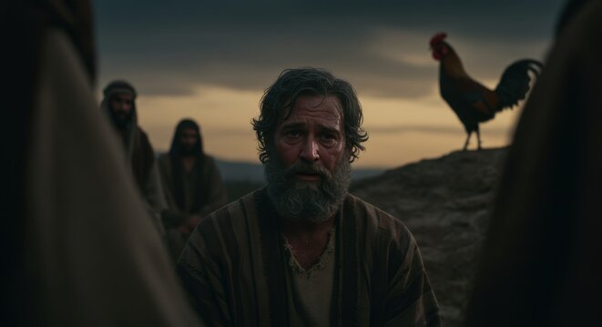 Religious scene showing a man with a beard looking distraught, with a rooster on a hill in the background. Biblical concept for religious education.