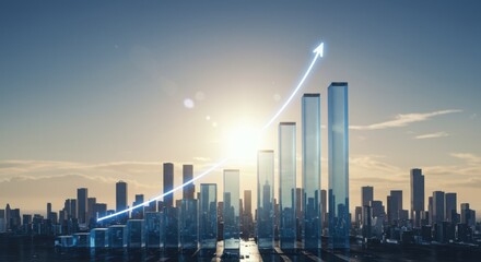 A modern digital cityscape at sunrise, showcasing an illuminated upward arrow representing robust business growth, economic progress, and future innovation.