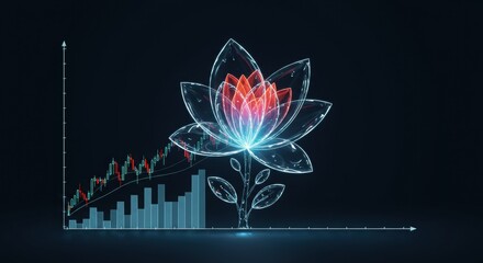 A vibrant, glowing digital lotus flower symbolizes the harmonious blend of spiritual well-being and robust financial growth in a futuristic market.